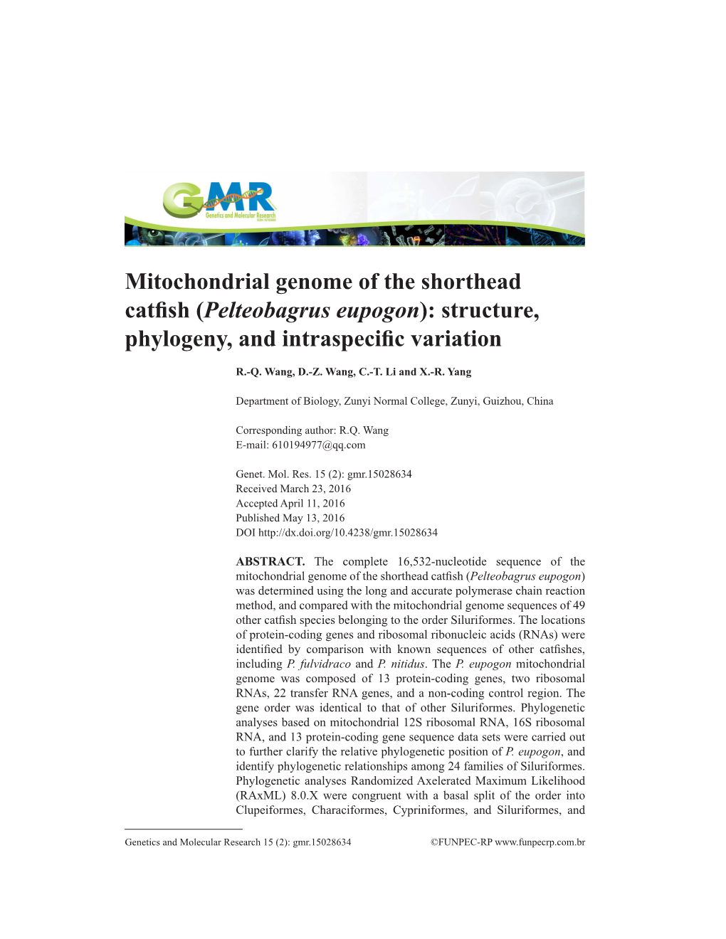 Mitochondrial Genome of the Shorthead Catfish (Pelteobagrus Eupogon): Structure, Phylogeny, and Intraspecific Variation