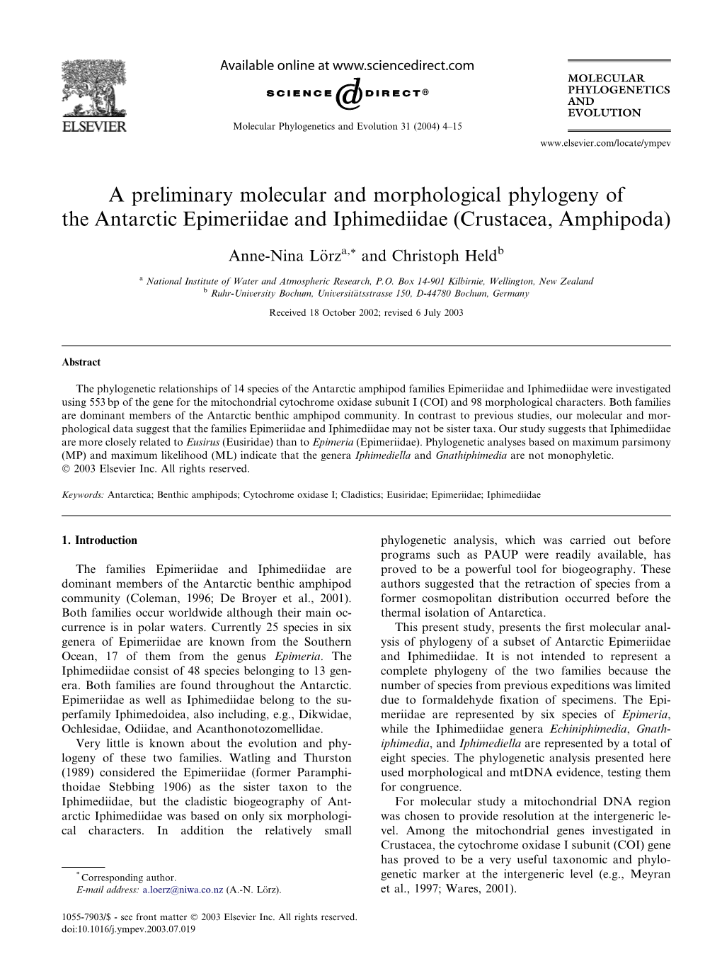 A Preliminary Molecular and Morphological Phylogeny of the Antarctic Epimeriidae and Iphimediidae (Crustacea, Amphipoda)