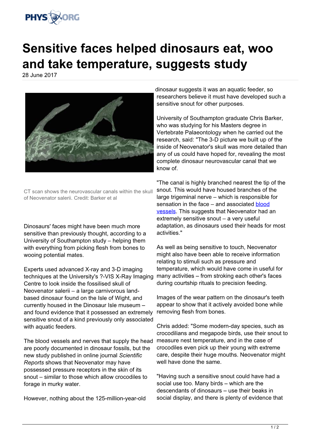 Sensitive Faces Helped Dinosaurs Eat, Woo and Take Temperature, Suggests Study 28 June 2017