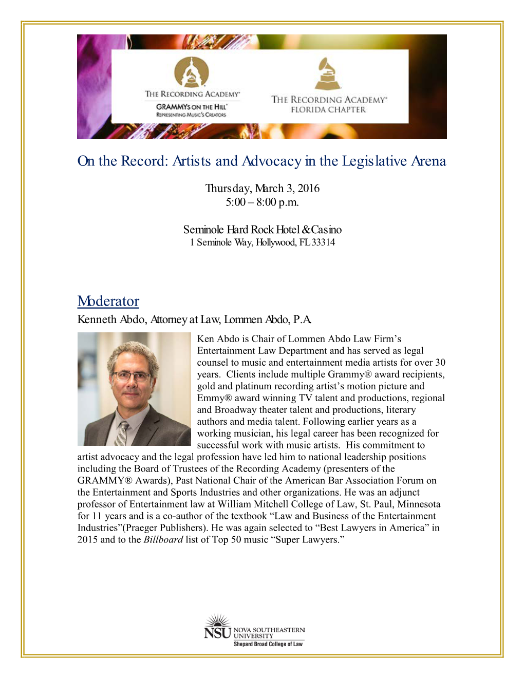 On the Record: Artists and Advocacy in the Legislative Arena Moderator