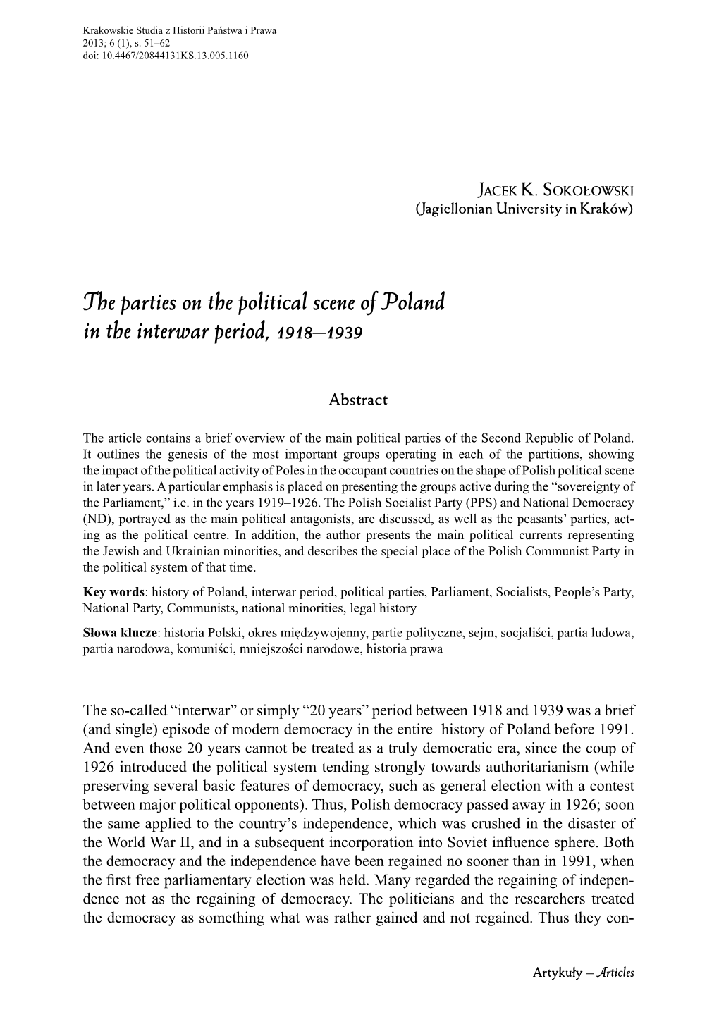 The Parties on the Political Scene of Poland in the Interwar Period, 1918–1939