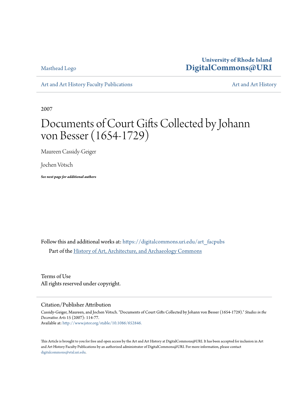 Documents of Court Gifts Collected by Johann Von Besser (1654-1729) Maureen Cassidy-Geiger