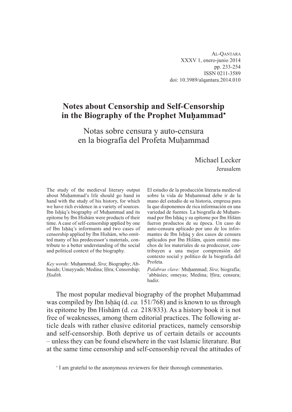 Notes About Censorship and Self-Censorship in the Biography of the Prophet Mu Hammad * Notas Sobre Censura Y Auto-Censura En La Biografía Del Profeta Mu Hammad