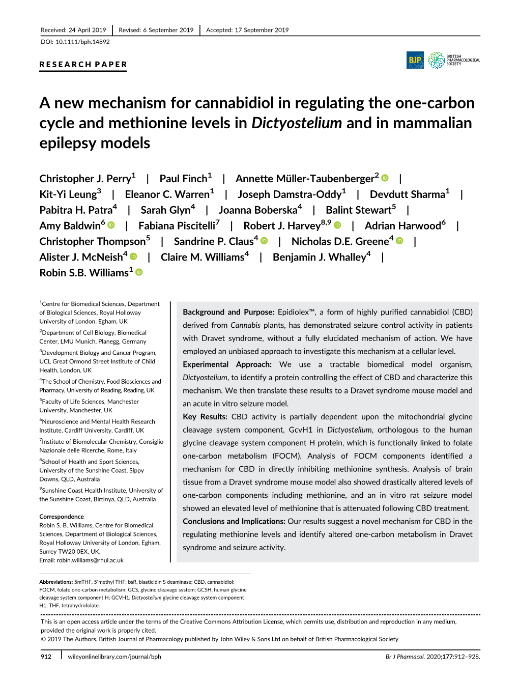 A New Mechanism for Cannabidiol in Regulating the One-Carbon Cycle and Methionine Levels in Dictyostelium and in Mammalian Epilepsy Models