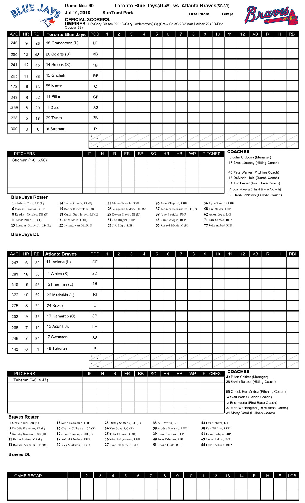 Toronto Blue Jays(41-48) Vs Atlanta Braves(50-39)