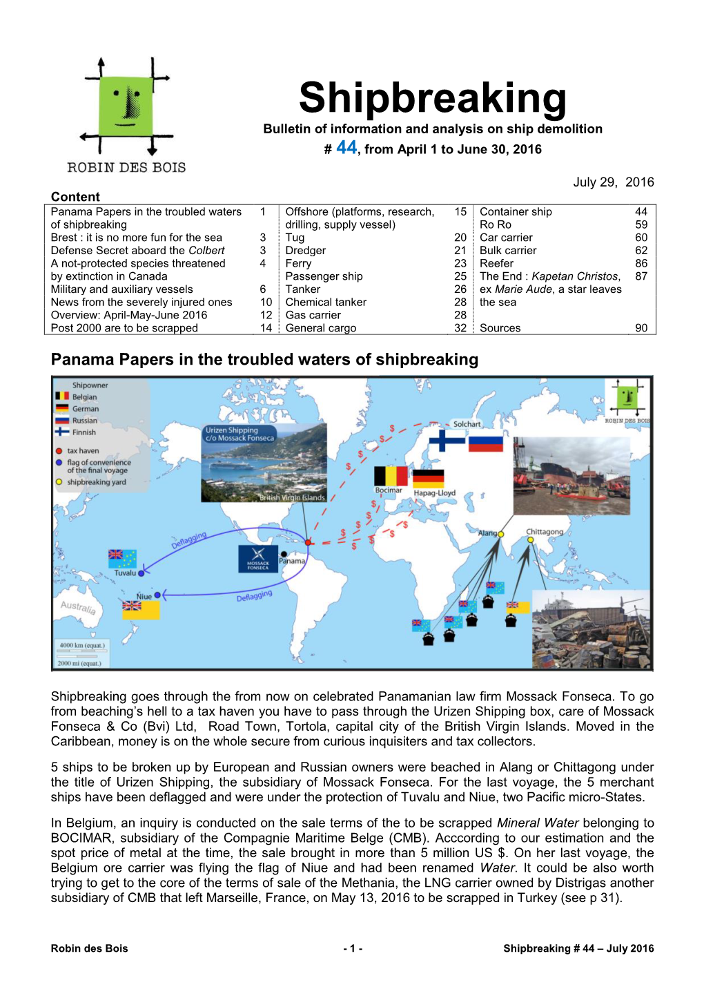 Shipbreaking Bulletin of Information and Analysis on Ship Demolition # 44, from April 1 to June 30, 2016