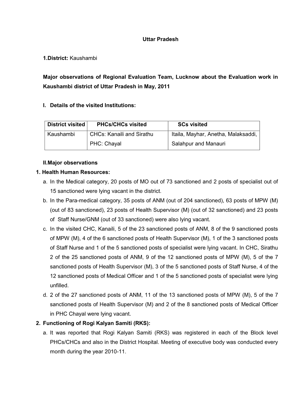 Uttar Pradesh 1.District: Kaushambi Major Observations of Regional