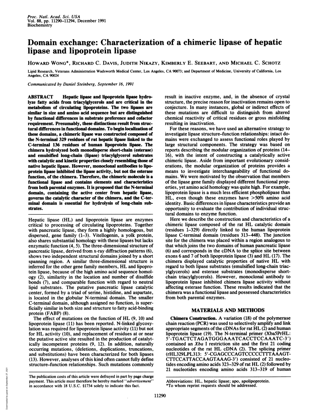 Domain Exchange: Characterization of a Chimeric Lipase of Hepatic Lipase and Lipoprotein Lipase