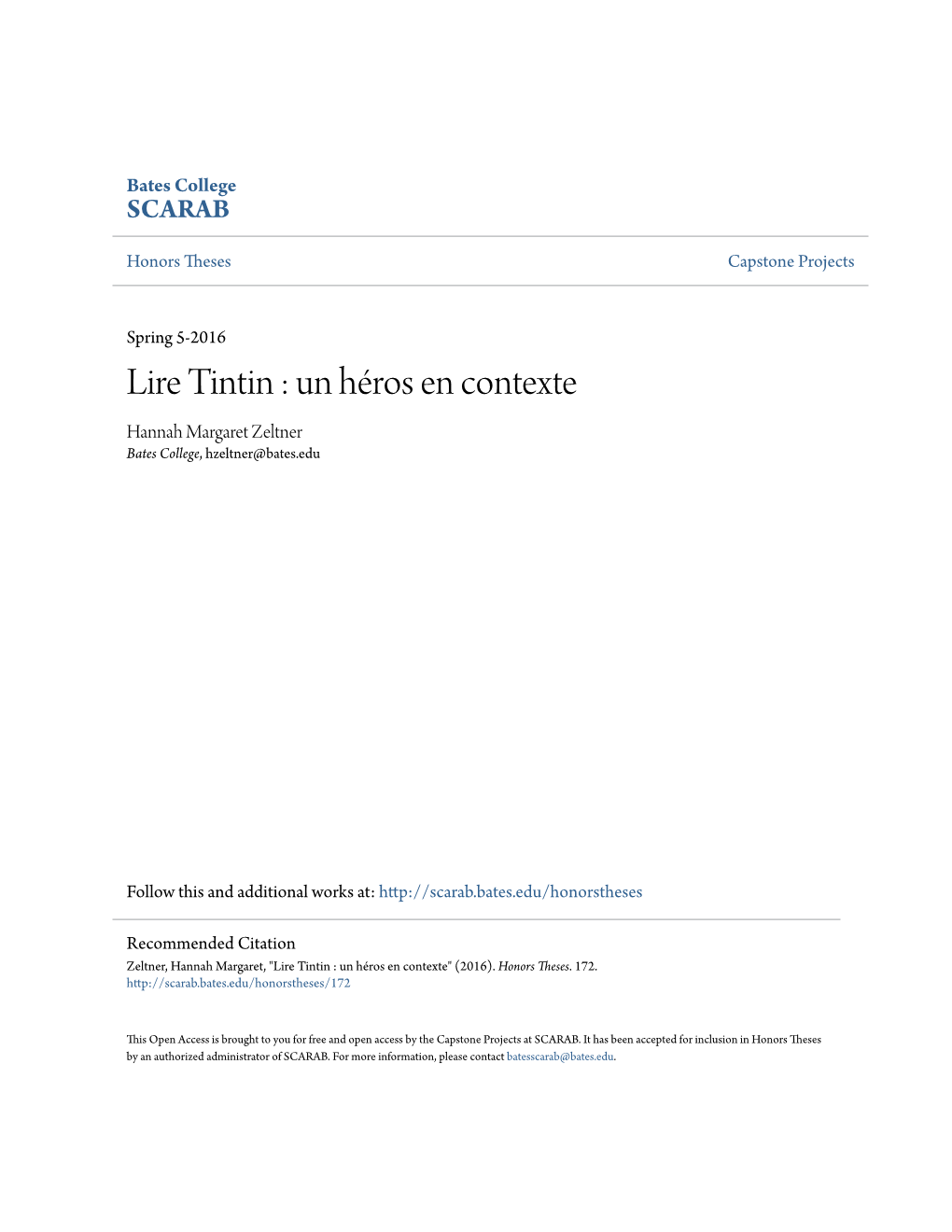 Lire Tintin : Un Héros En Contexte Hannah Margaret Zeltner Bates College, Hzeltner@Bates.Edu