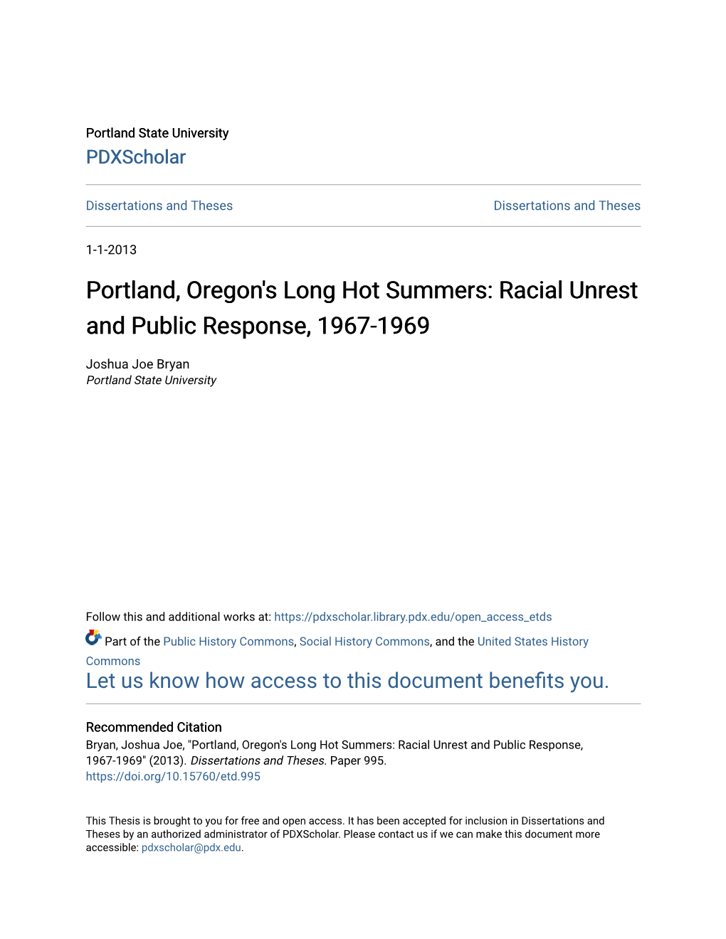Portland, Oregon's Long Hot Summers: Racial Unrest and Public Response, 1967-1969