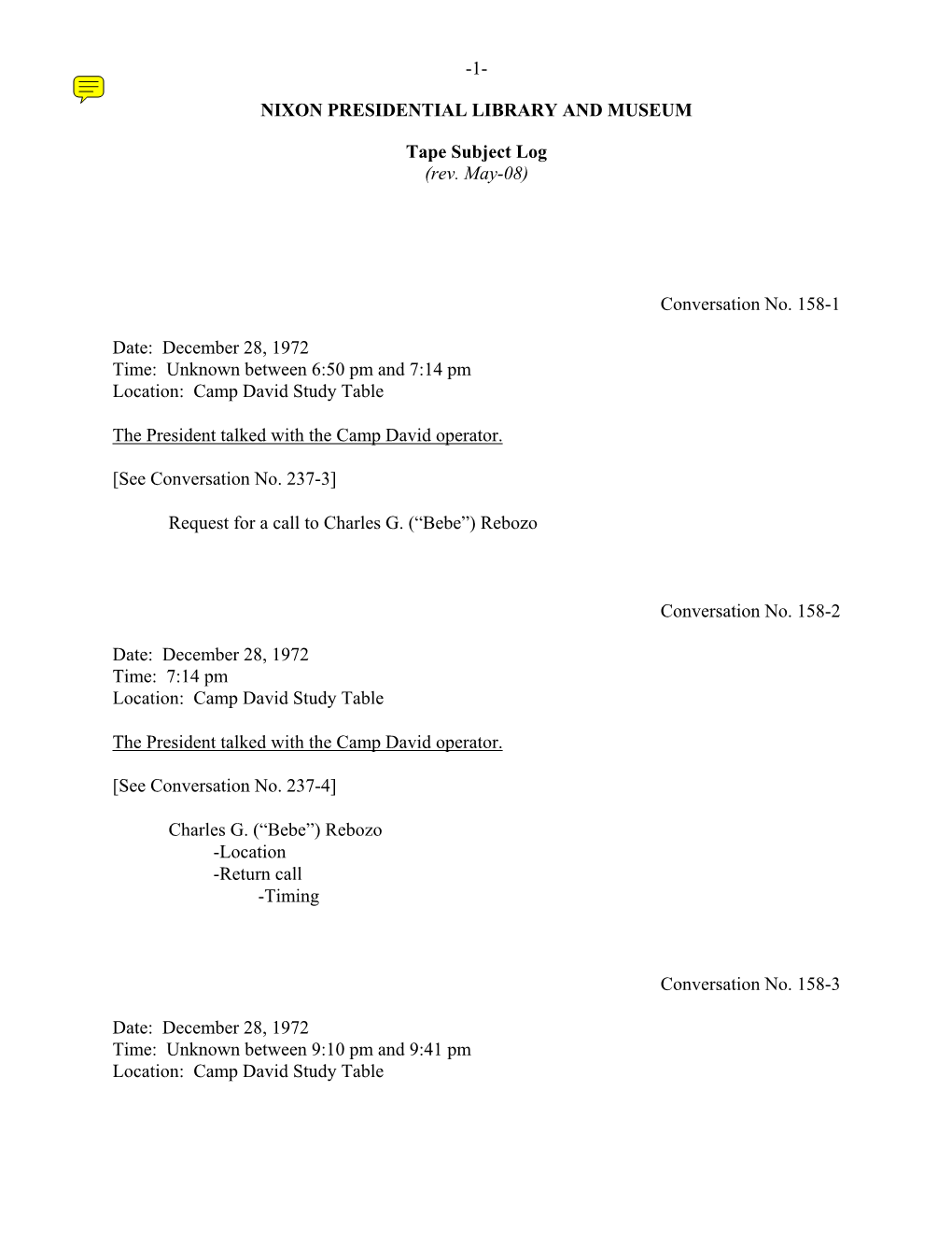 CDST #158: December 28-30, 1972 [Complete Tape Subject Log]