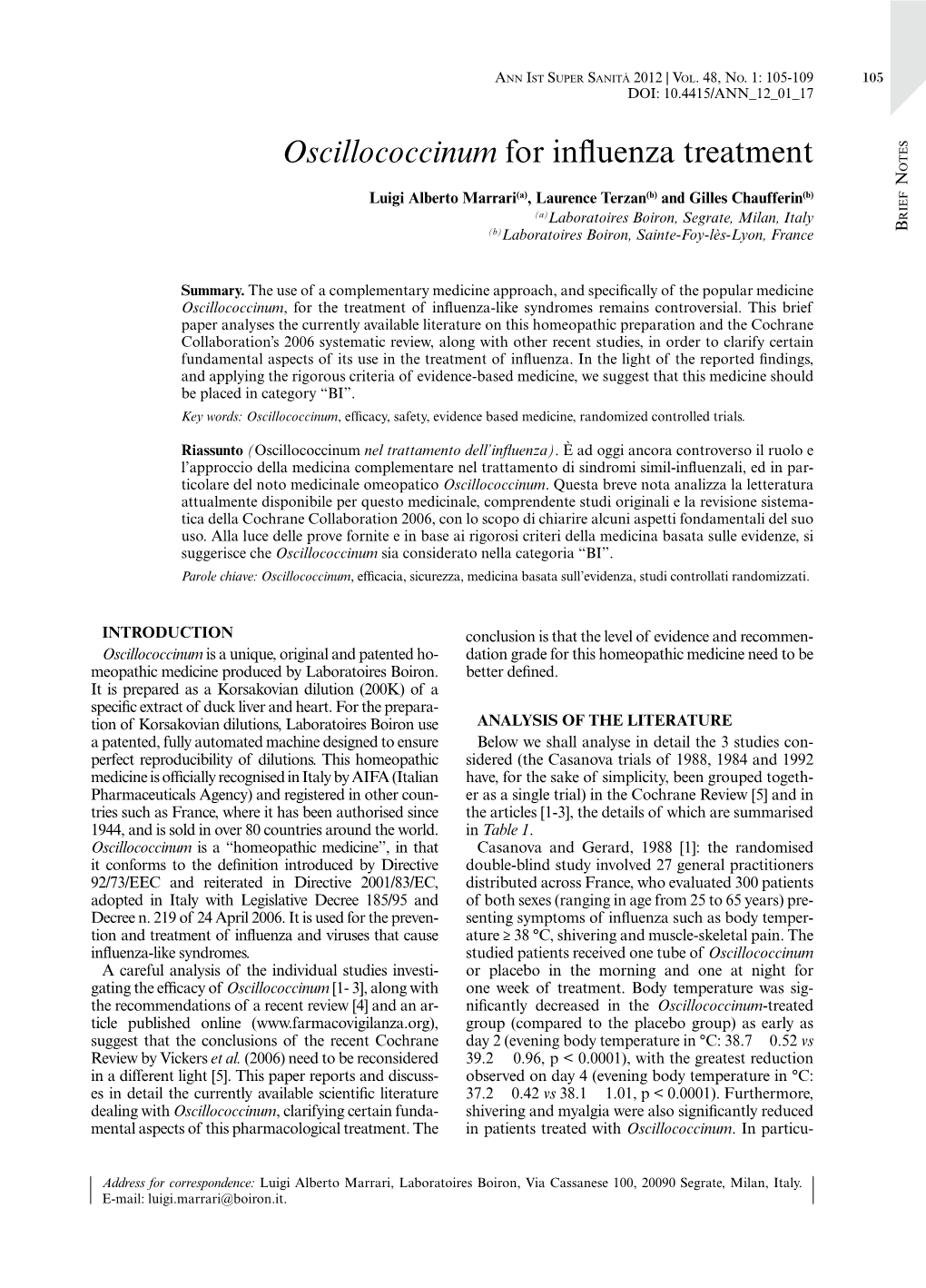 Oscillococcinum for Influenza Treatment