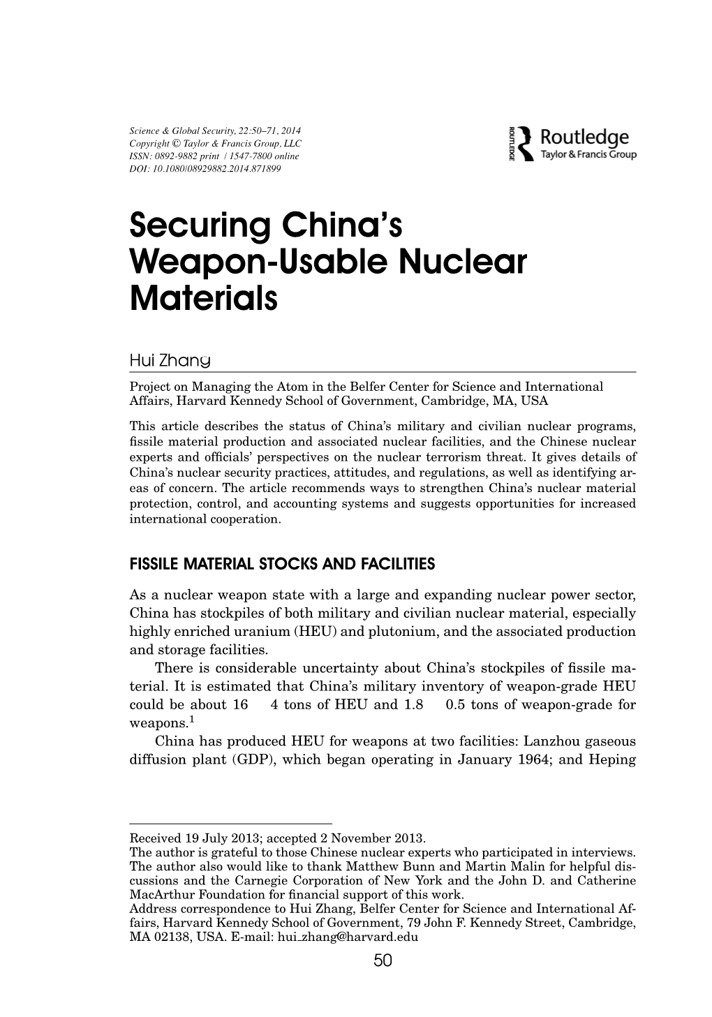 Securing China's Weapon-Usable Nuclear Materials