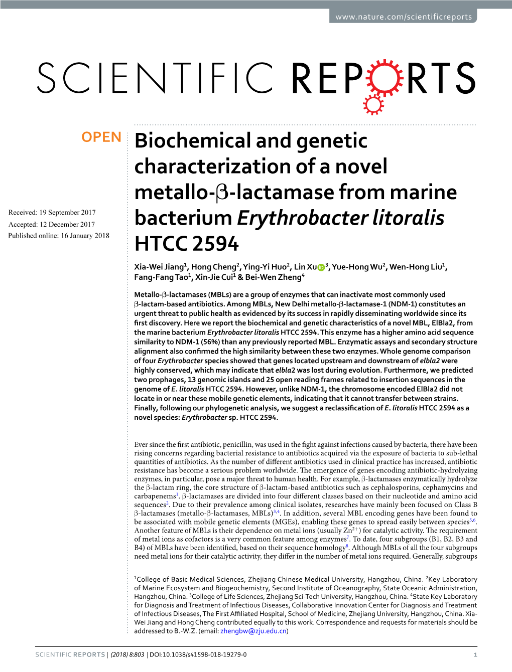 Biochemical and Genetic Characterization of a Novel Metallo-Β-Lactamase from Marine Bacterium Erythrobacter Litoralis HTCC 2594