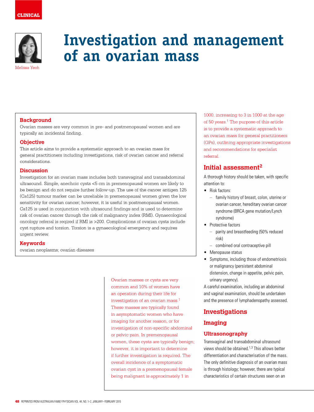 Investigation and Management of an Ovarian Mass Melissa Yeoh