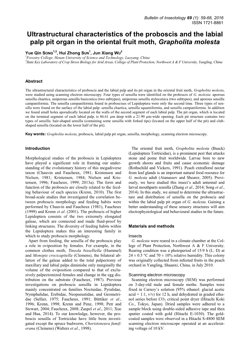 Ultrastructural Characteristics of the Proboscis and the Labial Palp Pit Organ in the Oriental Fruit Moth, Grapholita Molesta