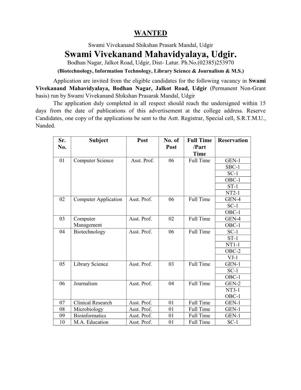 Swami Vivekanand Mahavidyalaya, Udgir. Bodhan Nagar, Jalkot Road, Udgir, Dist- Latur