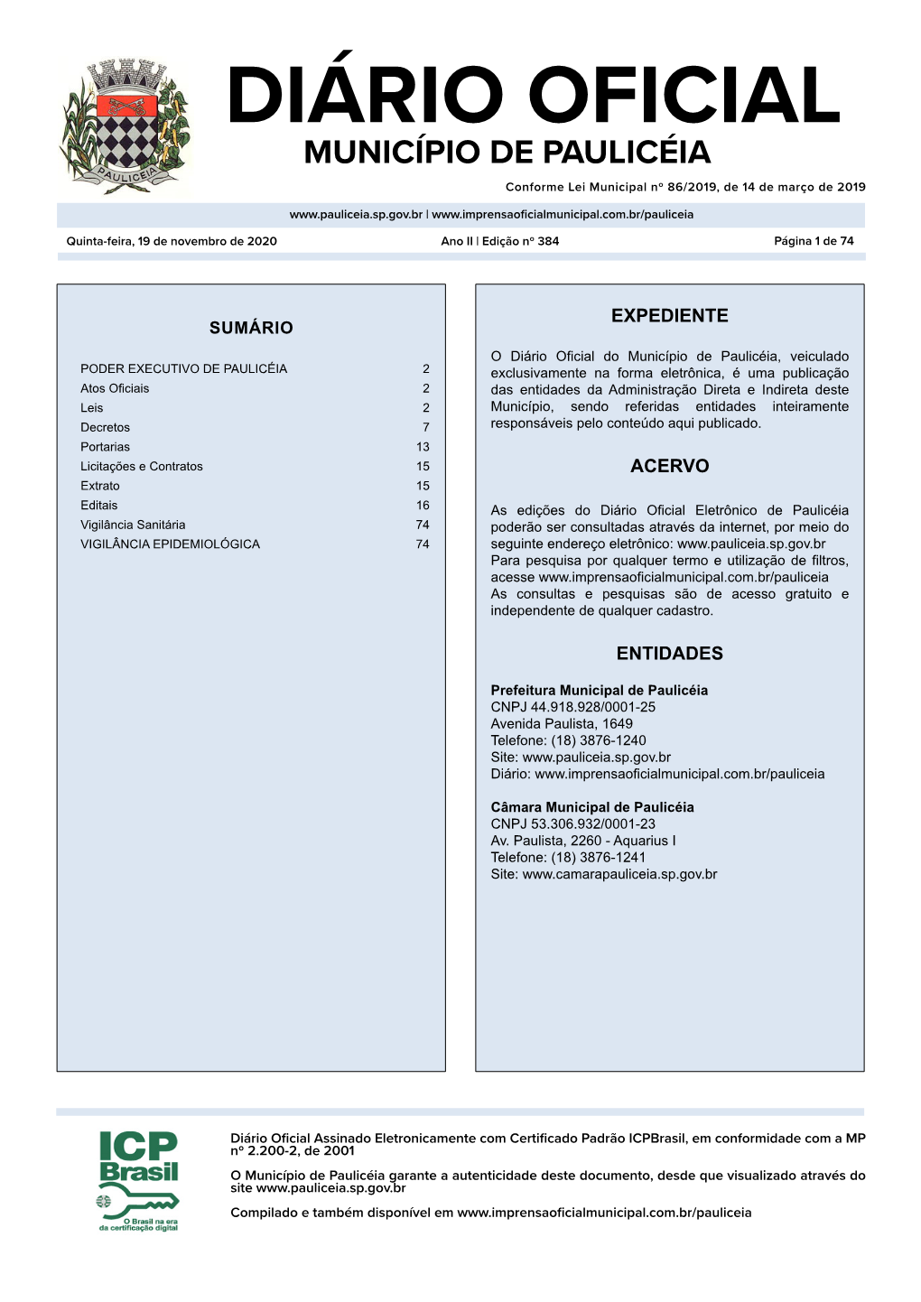 MUNICÍPIO DE PAULICÉIA Conforme Lei Municipal Nº 86/2019, De 14 De Março De 2019