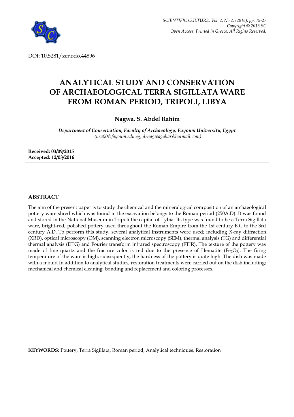 Analytical Study and Conservation of Archaeological Terra Sigιllata Ware from Roman Period, Tripoli, Libya