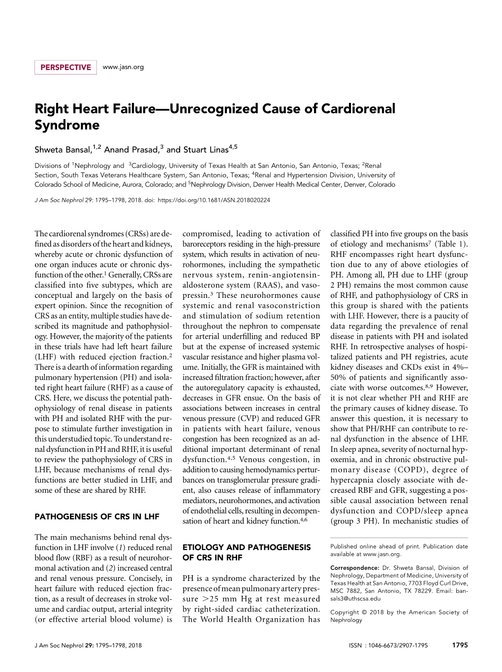 Right Heart Failure—Unrecognized Cause of Cardiorenal Syndrome