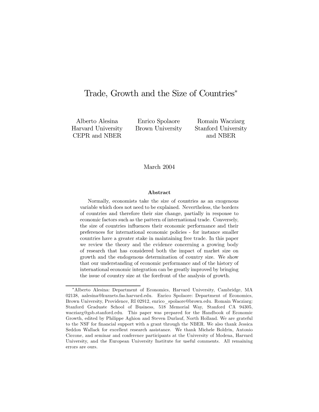 Trade, Growth and the Size of Countries∗