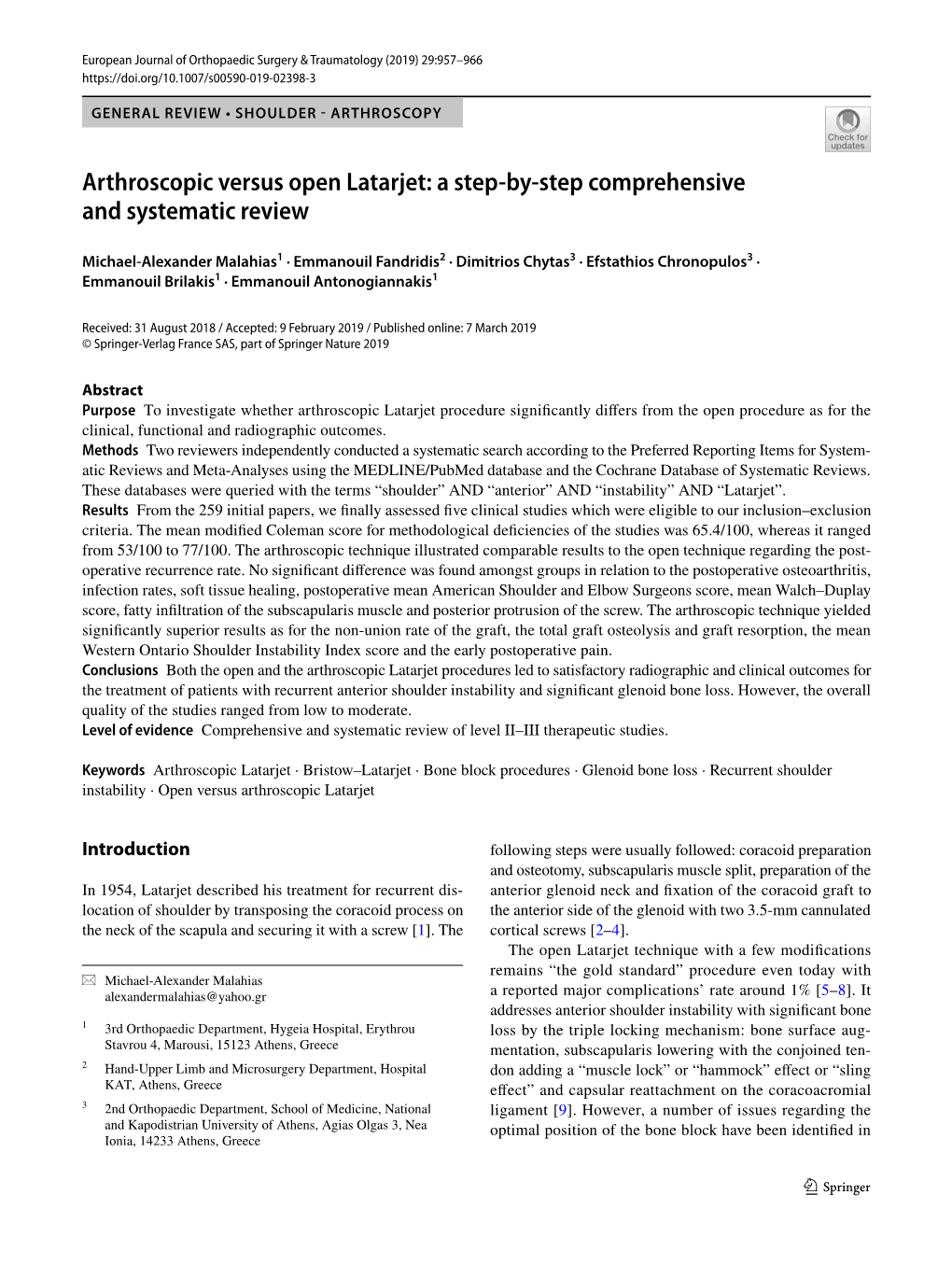 Arthroscopic Versus Open Latarjet: a Step‑By‑Step Comprehensive and Systematic Review