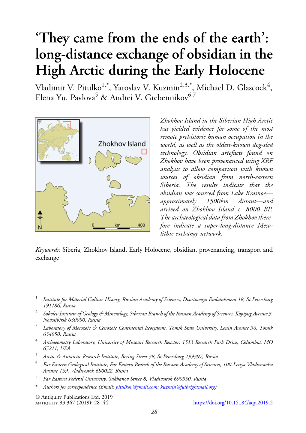 Long-Distance Exchange of Obsidian in the High Arctic During the Early Holocene Vladimir V