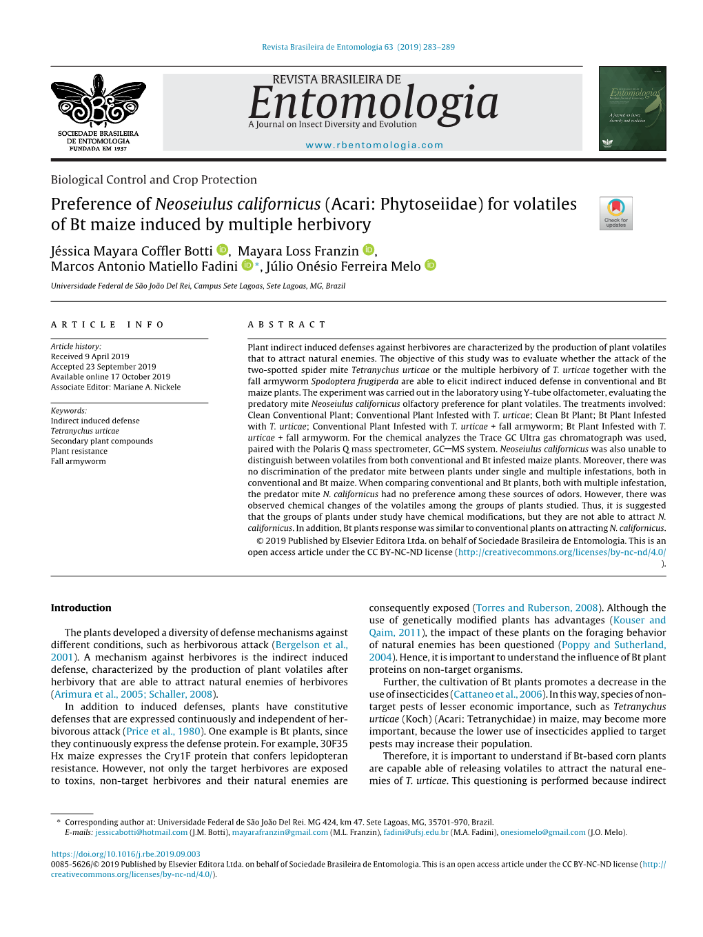 Preference of Neoseiulus Californicus (Acari: Phytoseiidae) for Volatiles