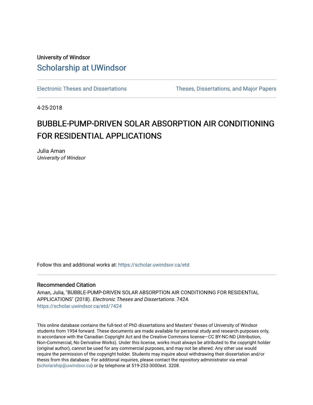 Bubble-Pump-Driven Solar Absorption Air Conditioning for Residential Applications