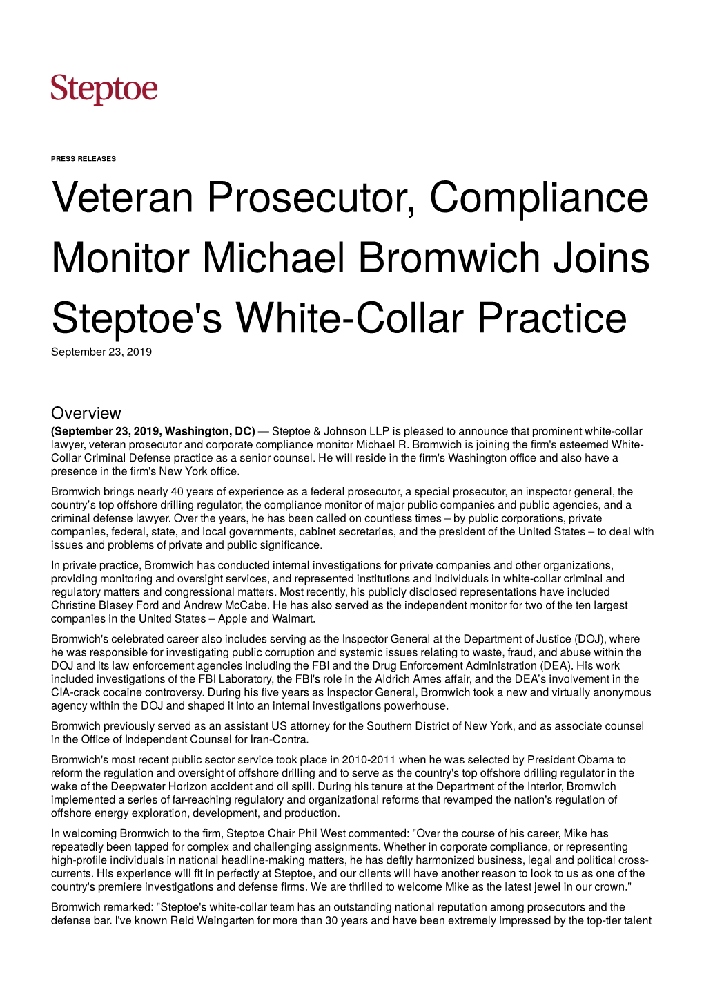 Veteran Prosecutor, Compliance Monitor Michael Bromwich Joins Steptoe's White-Collar Practice