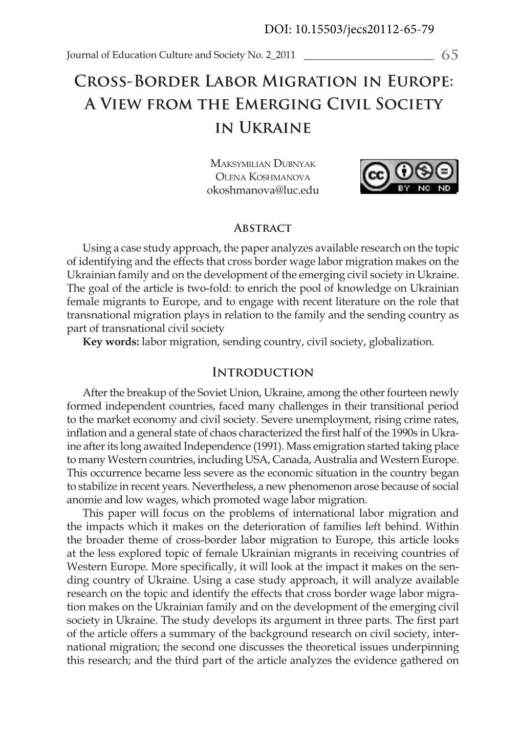 Cross-Border Labor Migration in Europe: a View from the Emerging Civil Society in Ukraine