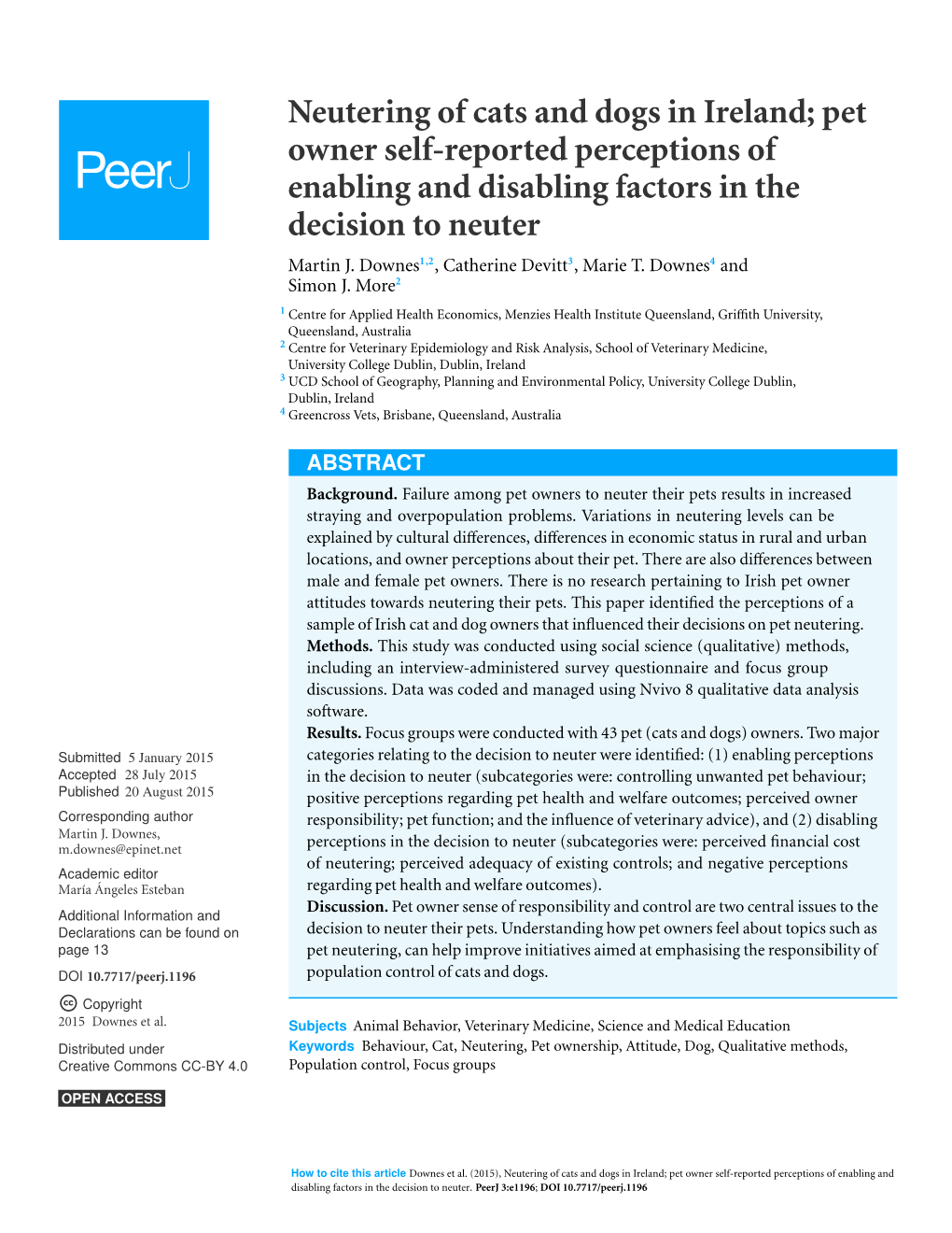 Neutering of Cats and Dogs in Ireland; Pet Owner Self-Reported Perceptions of Enabling and Disabling Factors in the Decision to Neuter Martin J