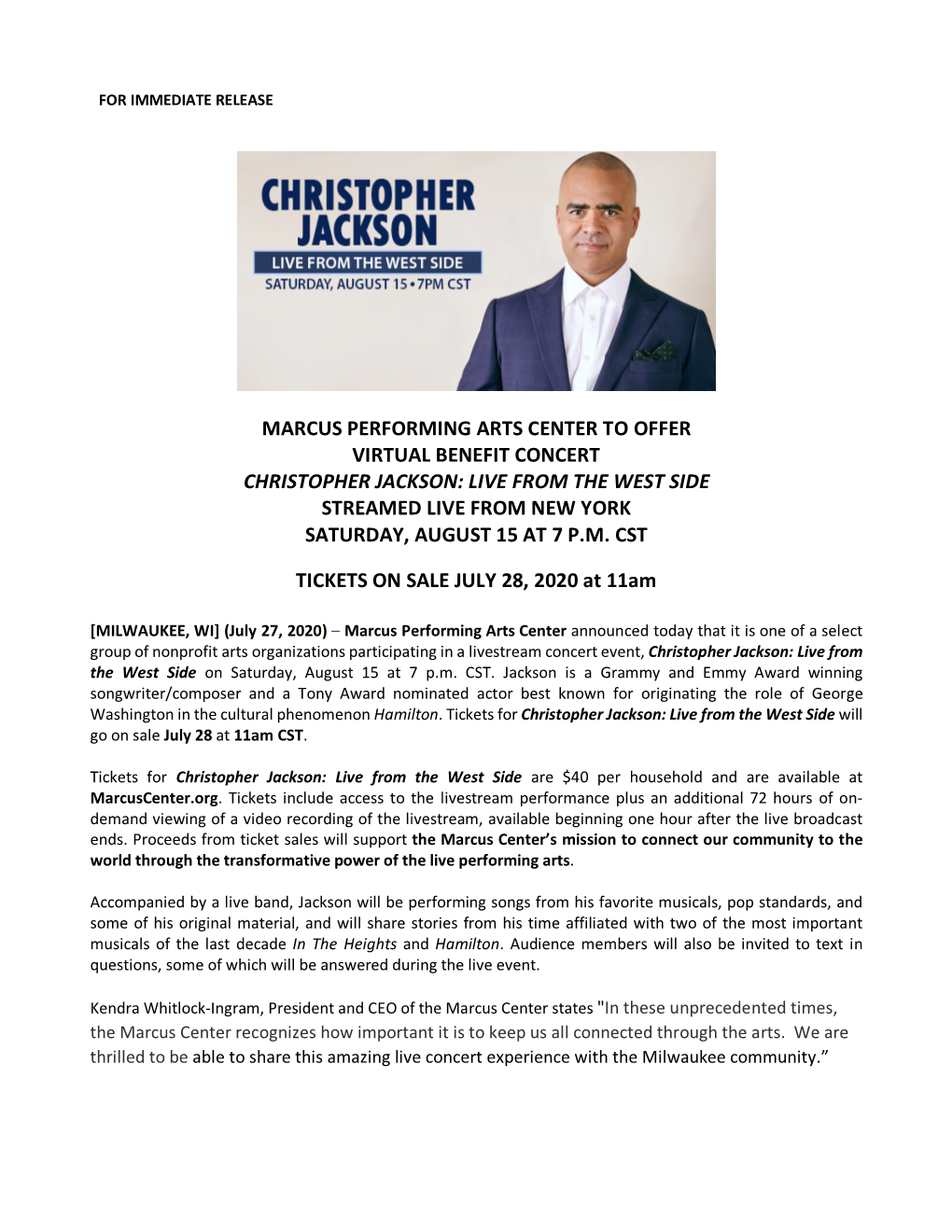 Christopher Jackson: Live from the West Side Streamed Live from New York Saturday, August 15 at 7 P.M