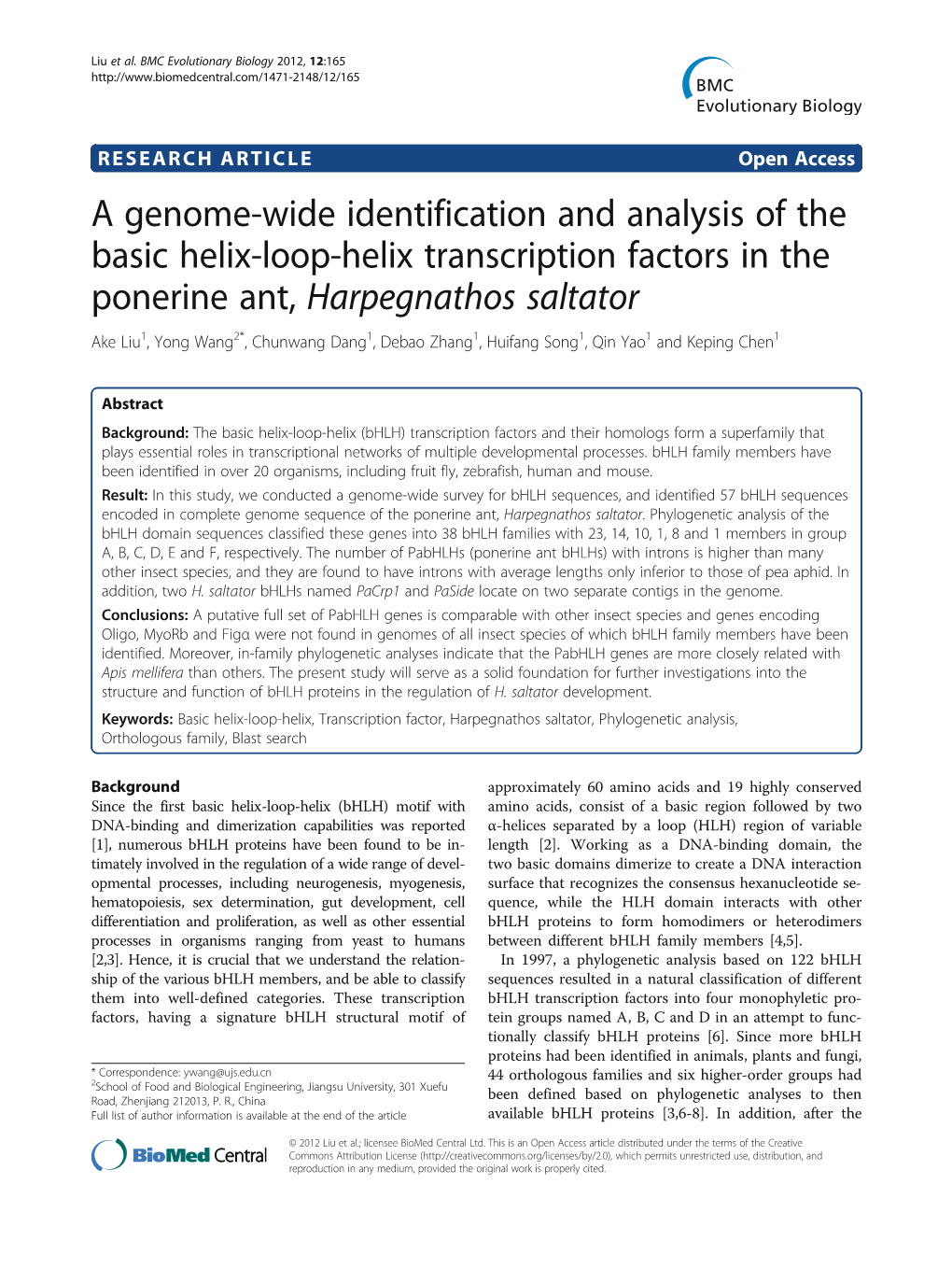 A Genome-Wide Identification and Analysis of the Basic Helix-Loop-Helix Transcription Factors in the Ponerine Ant, Harpegnathos