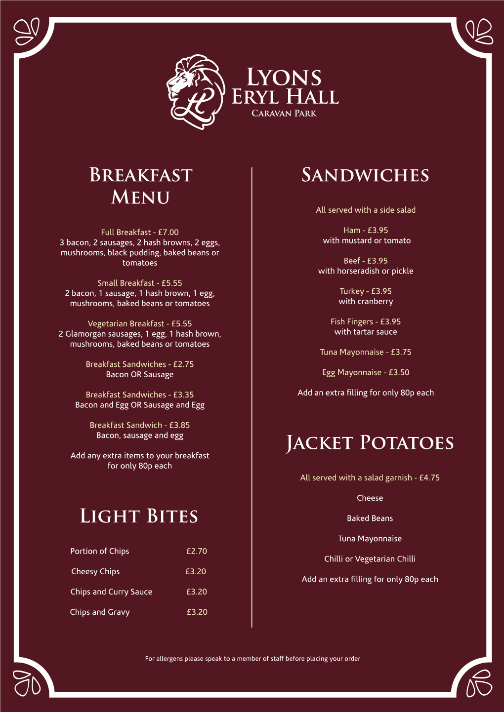 Breakfast MENU Jacket Potatoes Sandwiches Light Bites