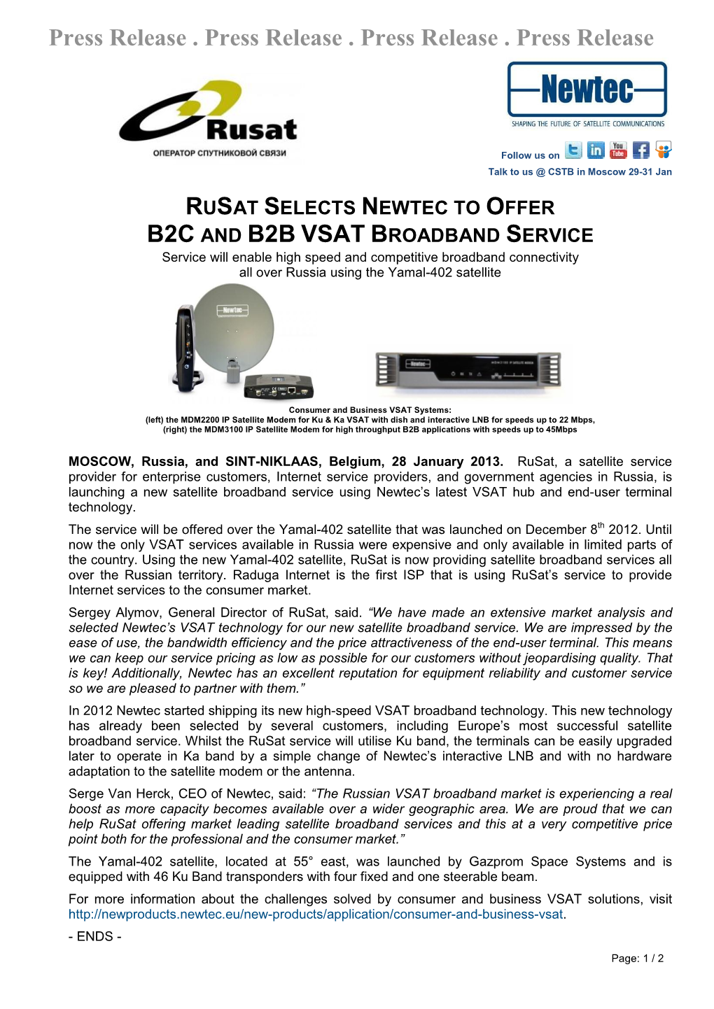 Rusat Selects Newtec to Offer B2c and B2b Vsat Broadband Service