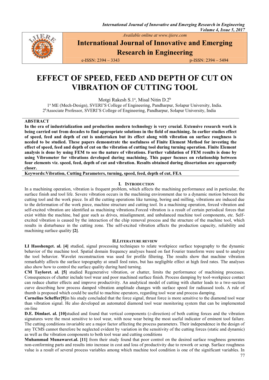 Effect of Speed, Feed and Depth of Cut on Vibration of Cutting Tool