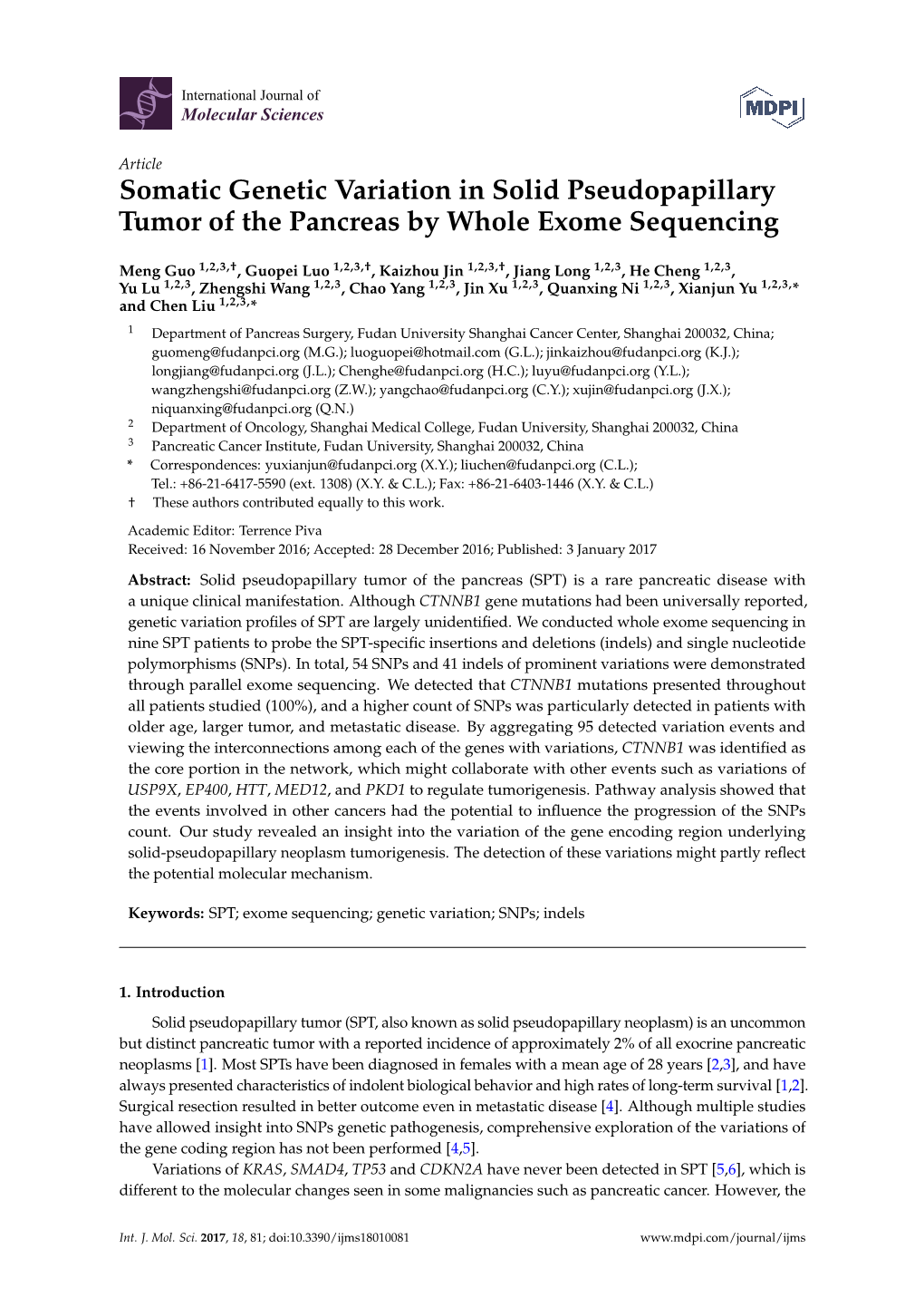 Somatic Genetic Variation in Solid Pseudopapillary Tumor of the Pancreas by Whole Exome Sequencing