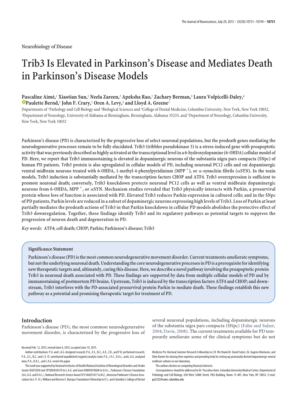 Trib3 Is Elevated in Parkinson's Disease and Mediates Death In