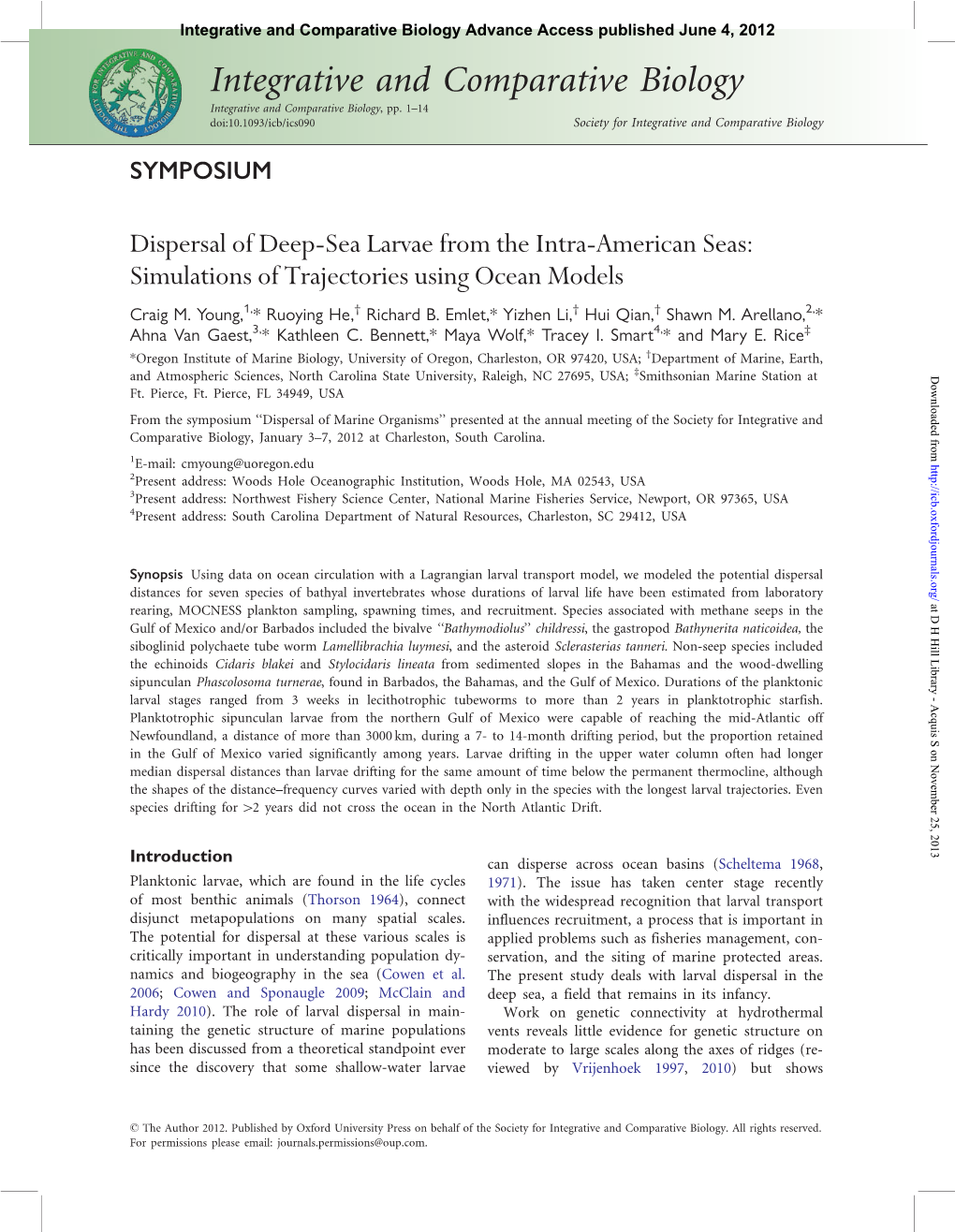 Integrative and Comparative Biology Advance Access Published June 4, 2012 Integrative and Comparative Biology Integrative and Comparative Biology, Pp