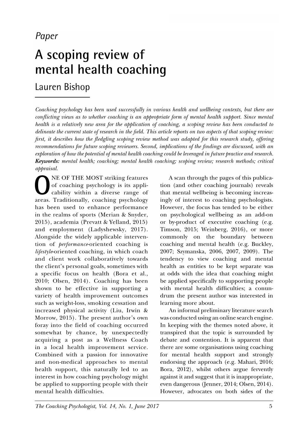 A Scoping Review of Mental Health Coaching (2017)