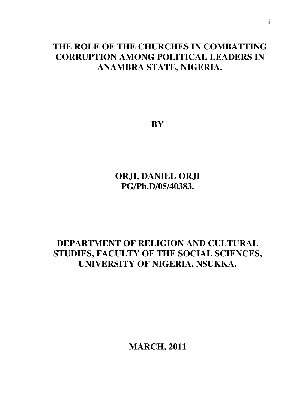 The Role of the Churches in Combatting Corruption Among Political Leaders in Anambra State, Nigeria