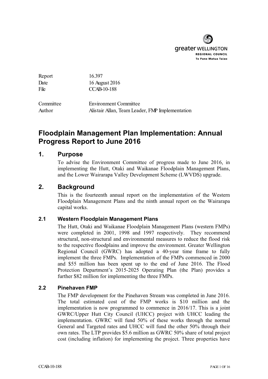 Floodplain Management Plan Implementation: Annual Progress Report to June 2016 1