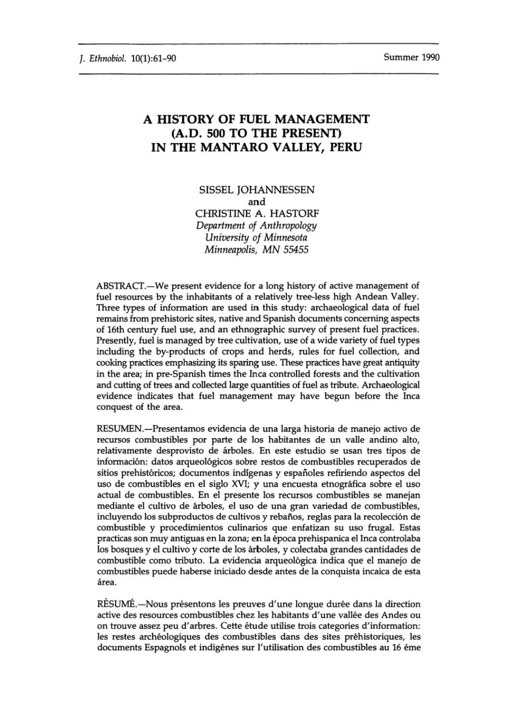 A History of Fuel Management (A.D. 500 to the Present) in the Mantaro Valley, Peru