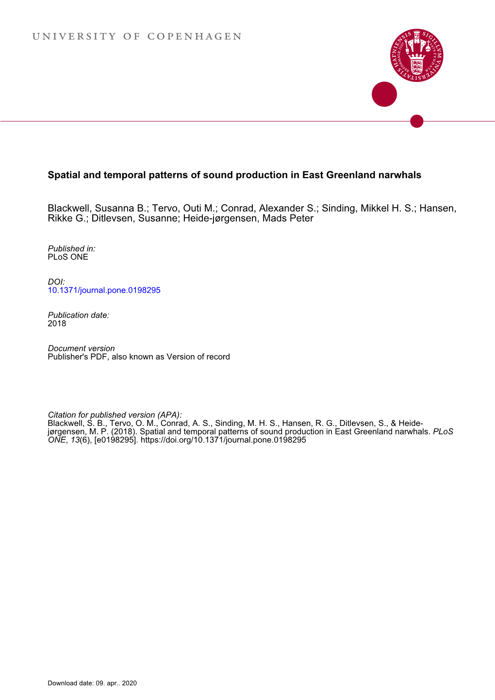 Spatial and Temporal Patterns of Sound Production in East Greenland Narwhals