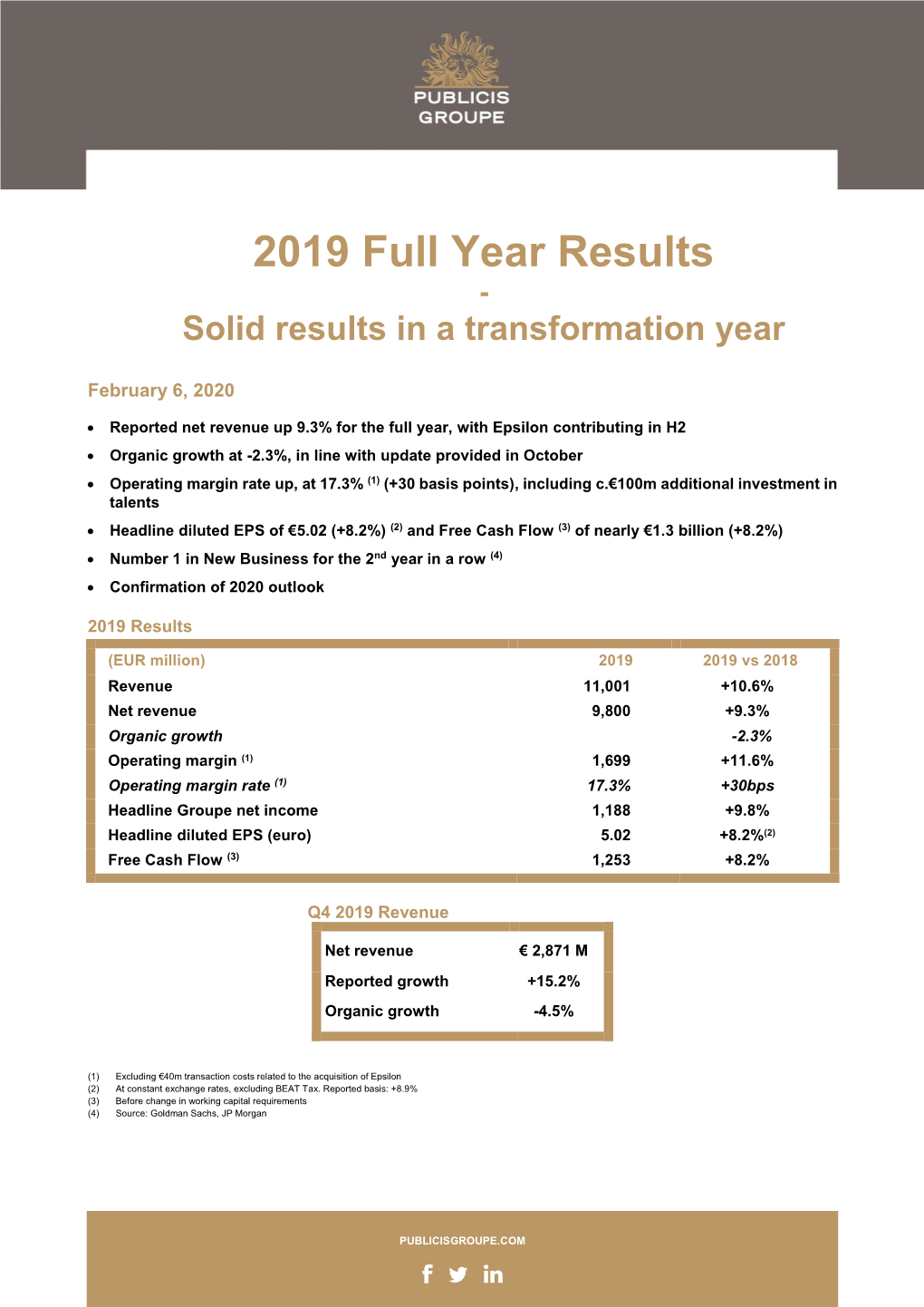 2019 Full Year Results - Solid Results in a Transformation Year