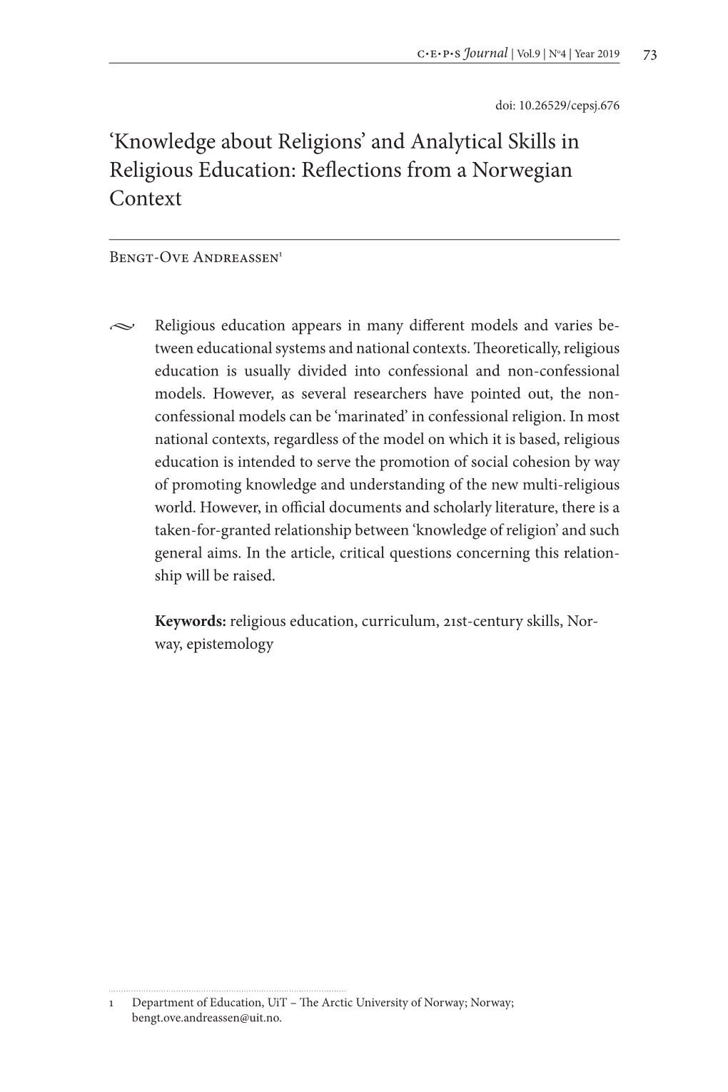 'Knowledge About Religions' and Analytical Skills in Religious Education