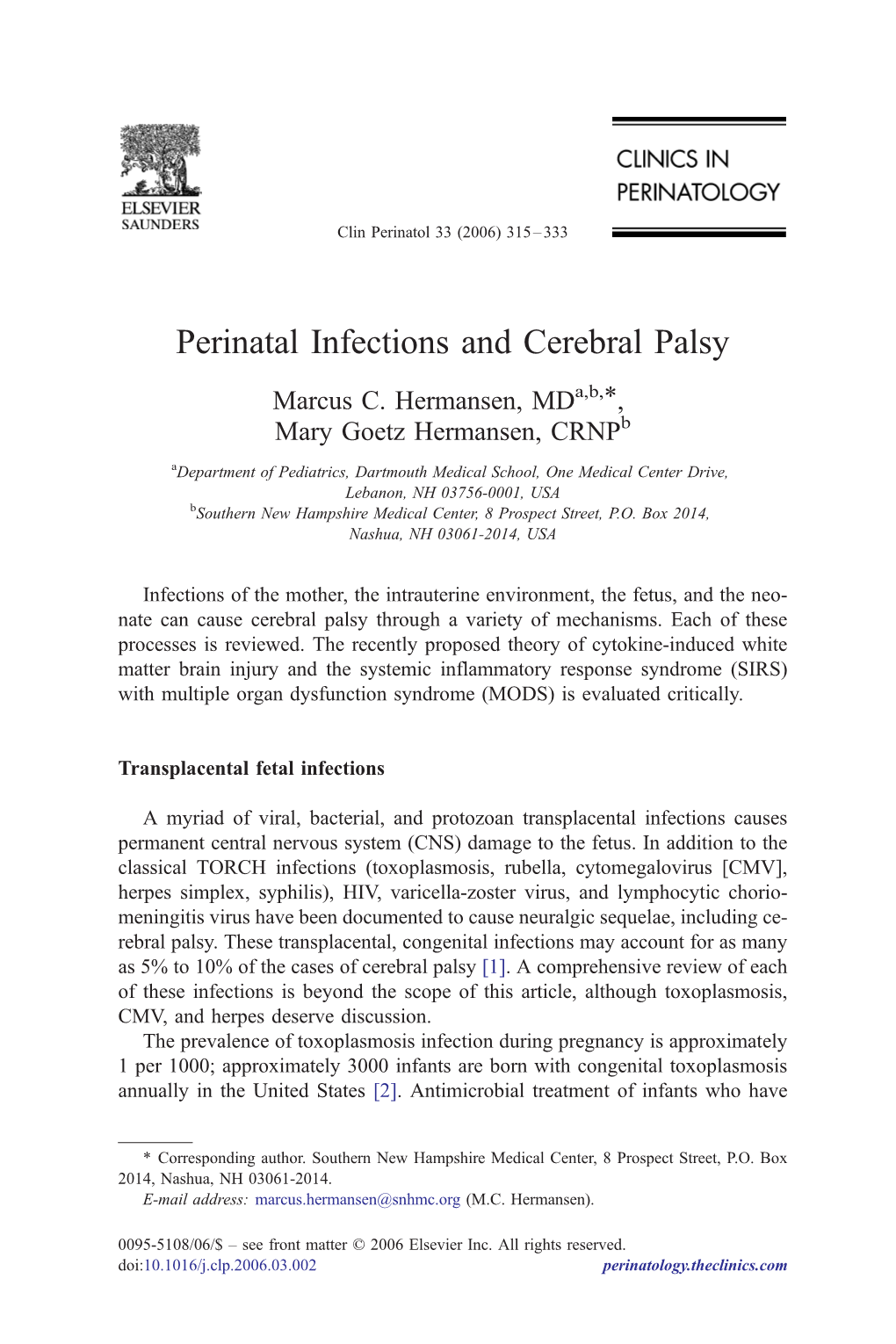 Perinatal Infections and Cerebral Palsy