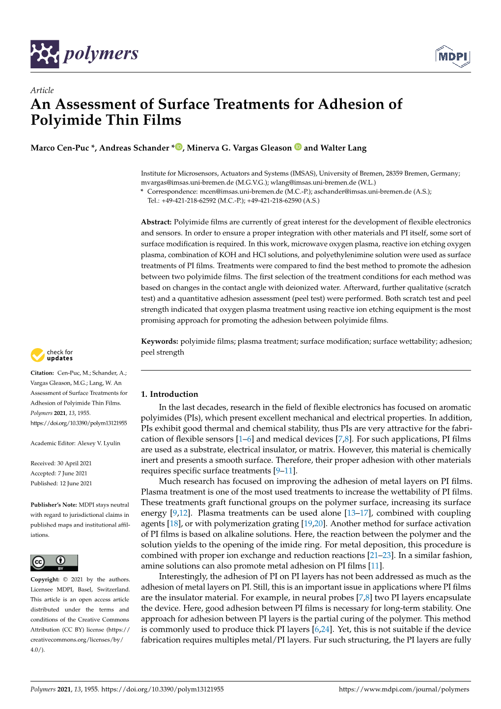 An Assessment of Surface Treatments for Adhesion of Polyimide Thin Films