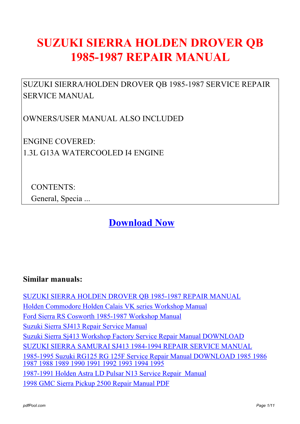 Suzuki Sierra Holden Drover Qb 1985-1987 Repair Manual